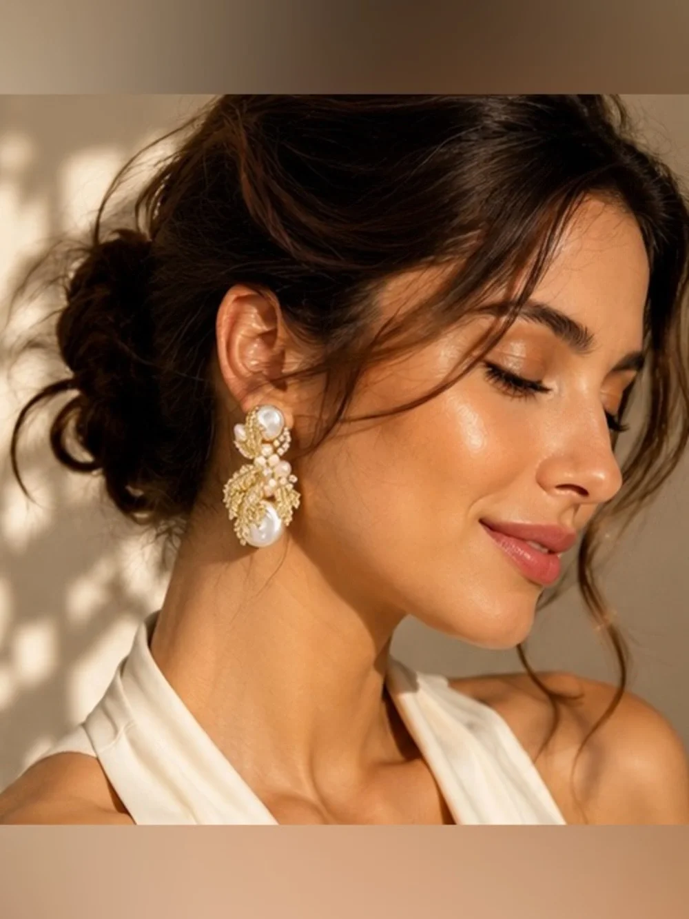 Gold Pearl Leaf Statement Earrings | Vintage Botanical Crystal Drop Earrings